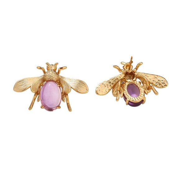 Bee Bug Earrings Pierced Purple Cabochon Gold Tone Chandelier New - Picture 2 of 6